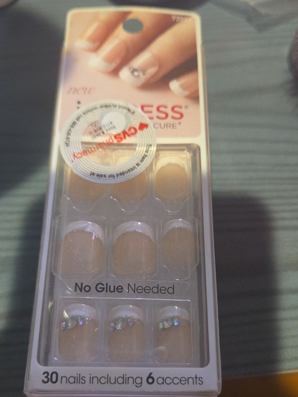 Kiss French Tip Press-On Nails with Rhinestone Accents - Nude and White